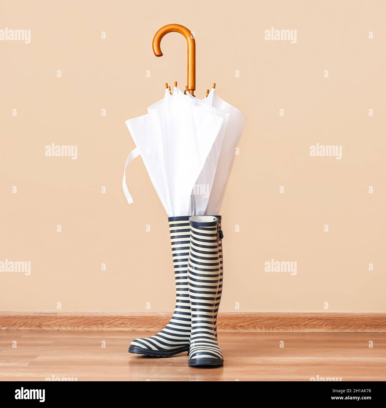 Pair of rubber rain boots and umbrella on floor against color
