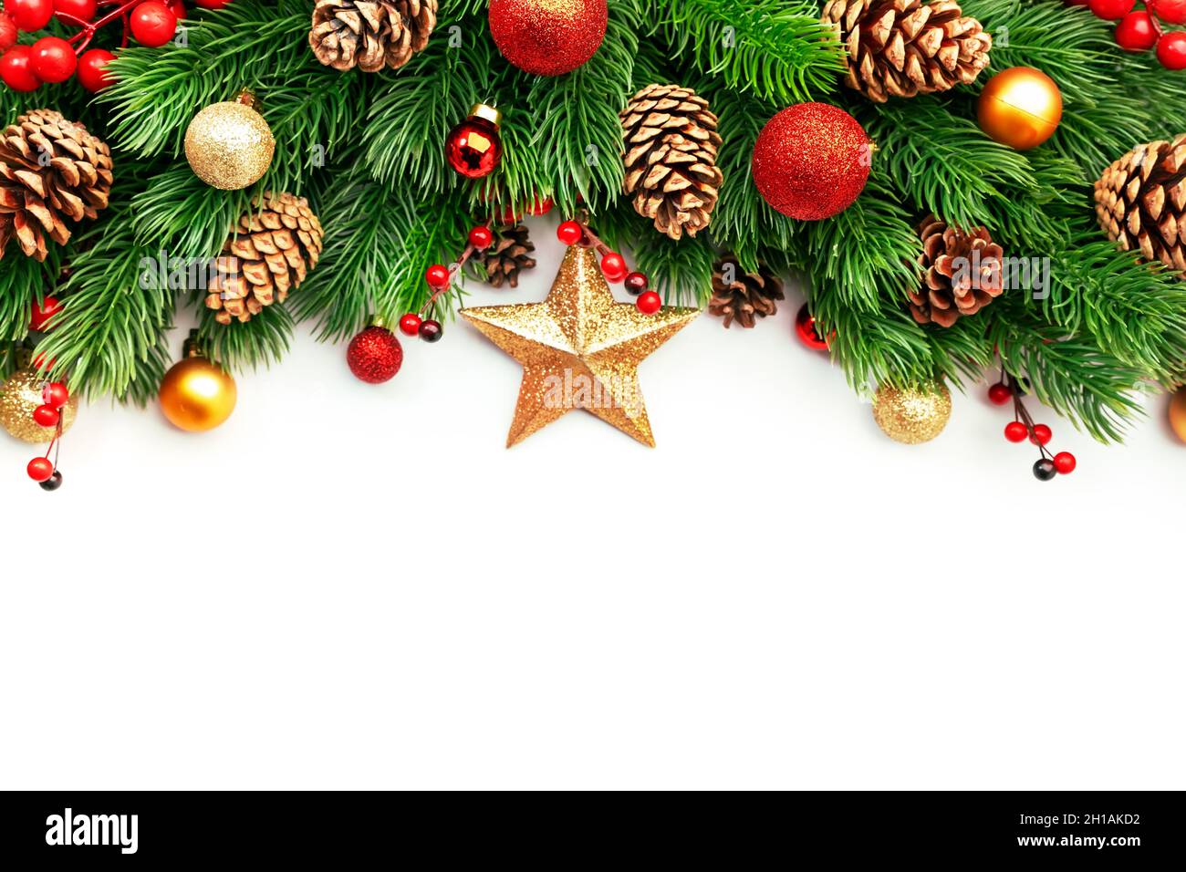 Christmas and New Year background with green spruce branches, cones ...