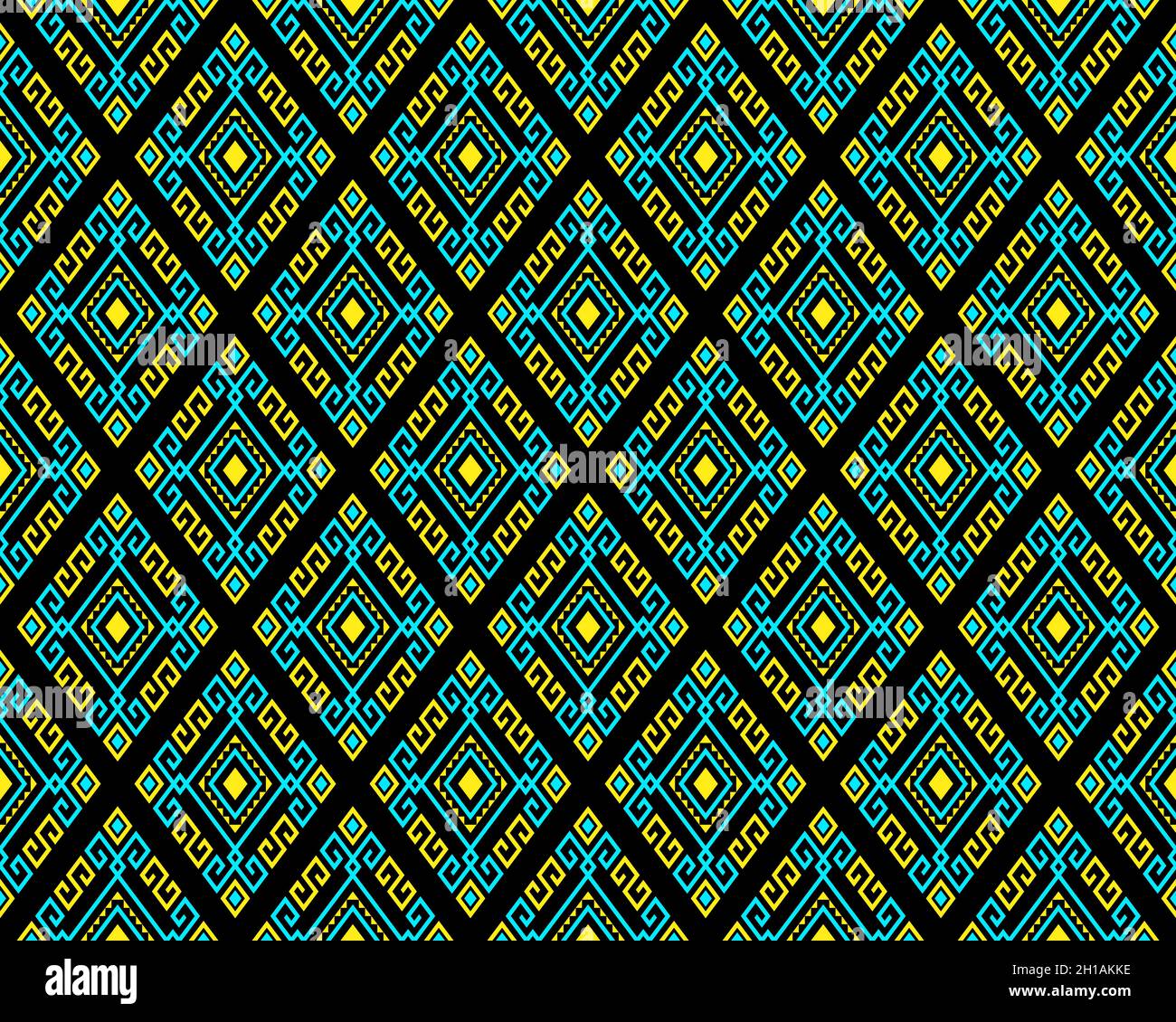 Turquoise Yellow Tribal or Ethnic Seamless Pattern on Black Background ...