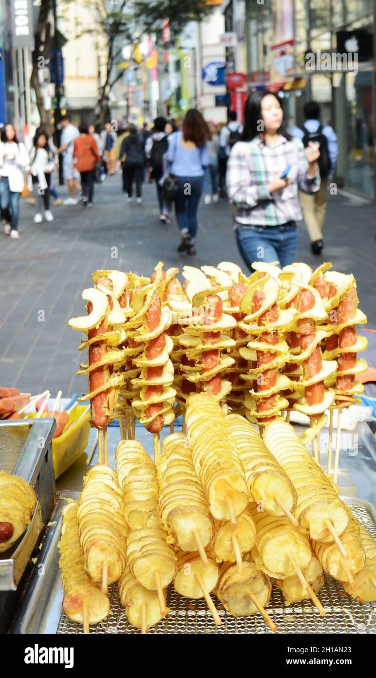 Street food vendors at the popular shopping district of Myeongdong