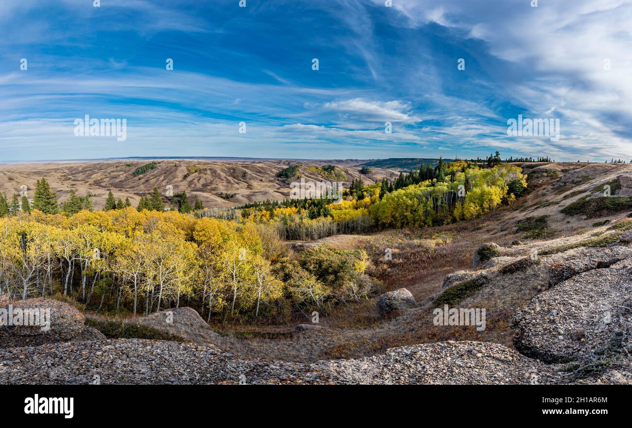 View of fall colors from the Conglomerate Cliffs lookout in Cypress Hills, SK Stock Photo