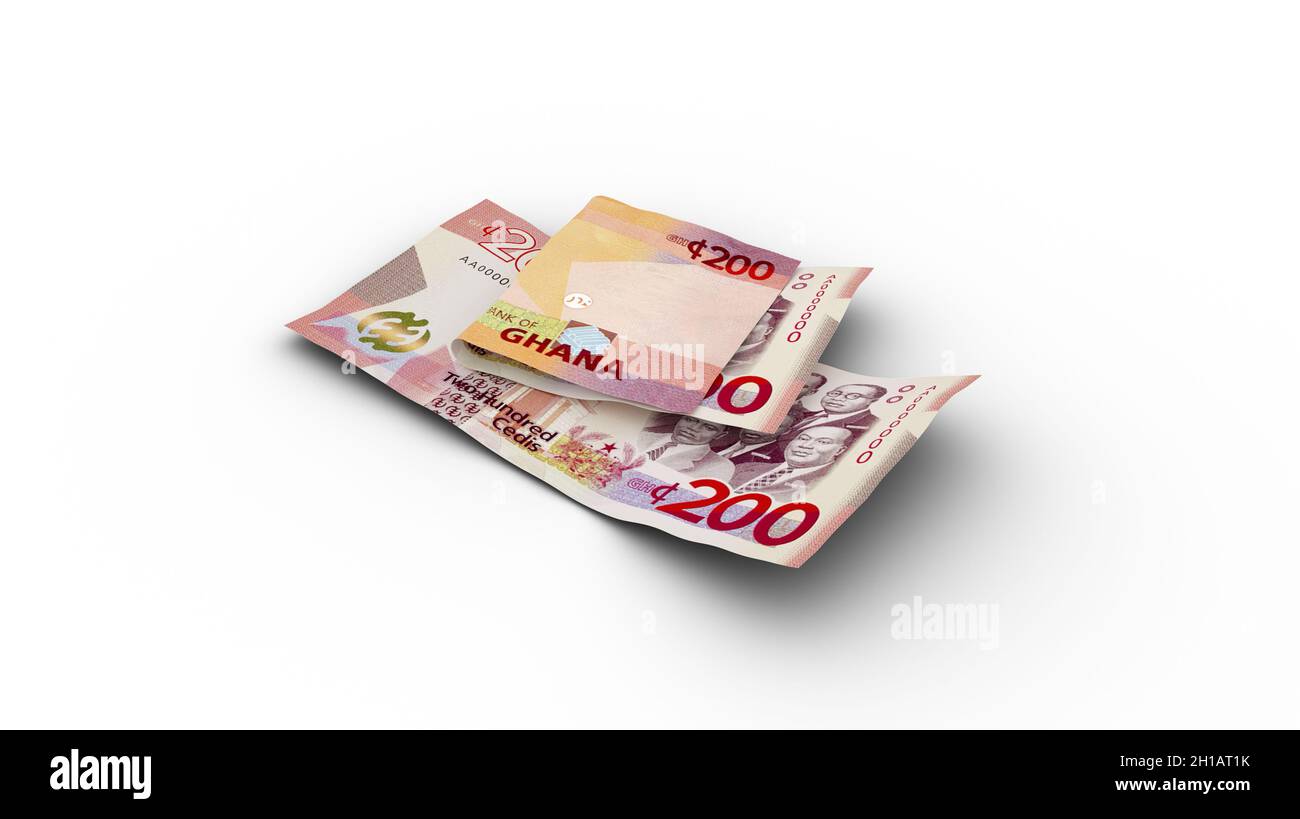 3D rendering of Double 200 cedi notes with shadows on white background Stock Photo