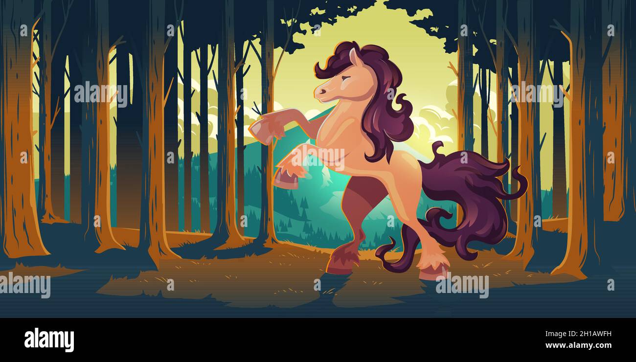 Wild horse rearing up in forest. Majestic stallion in nature. Vector cartoon illustration of woodland landscape with tree trunks, mountains on horizon and mustang with beautiful mane and tail Stock Vector