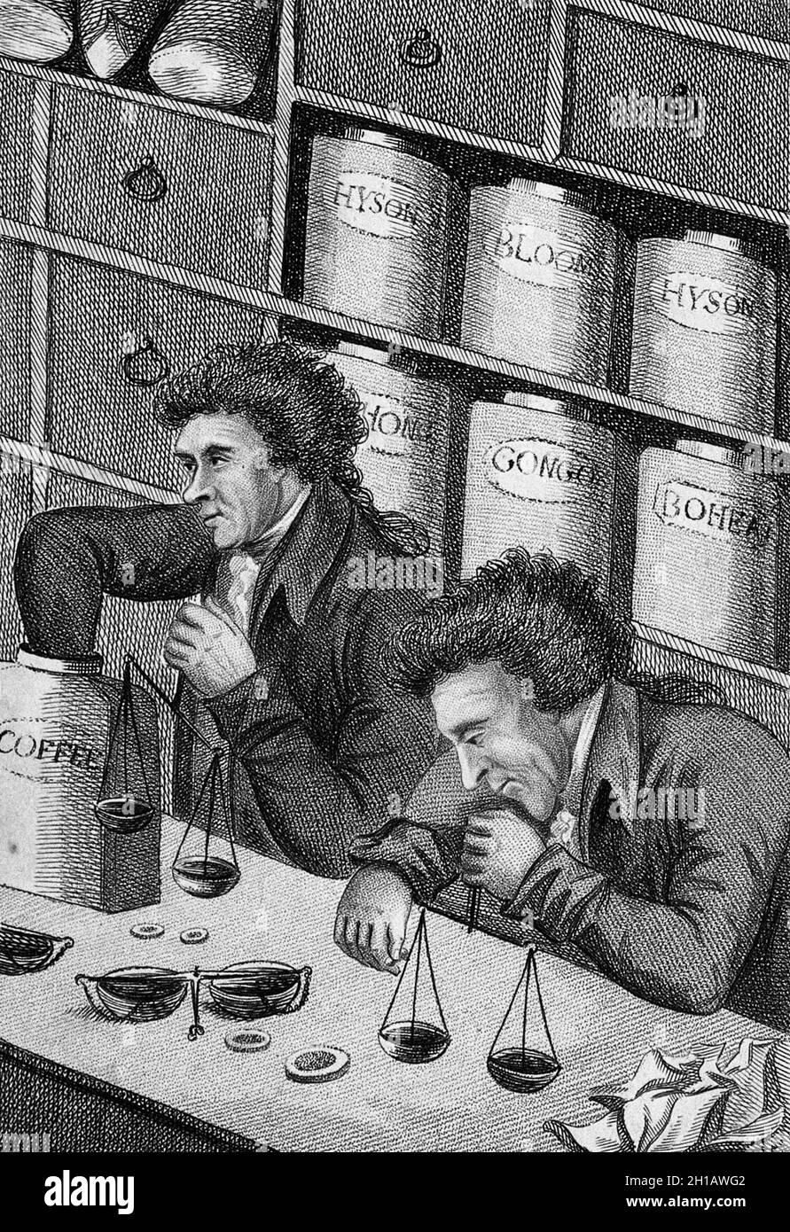 Engraving of two men at a shop counter in a tea and coffee retail shop using scales to measure out coffee beans, circa 1805 Stock Photo
