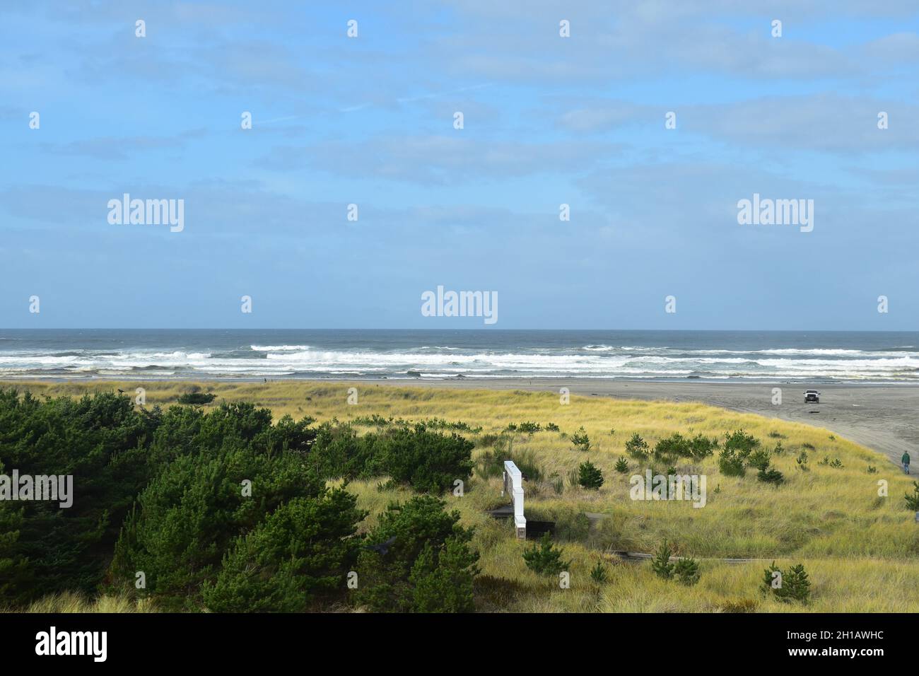 Views of the beach and dunes from The Pickled Fish Restaurant at the