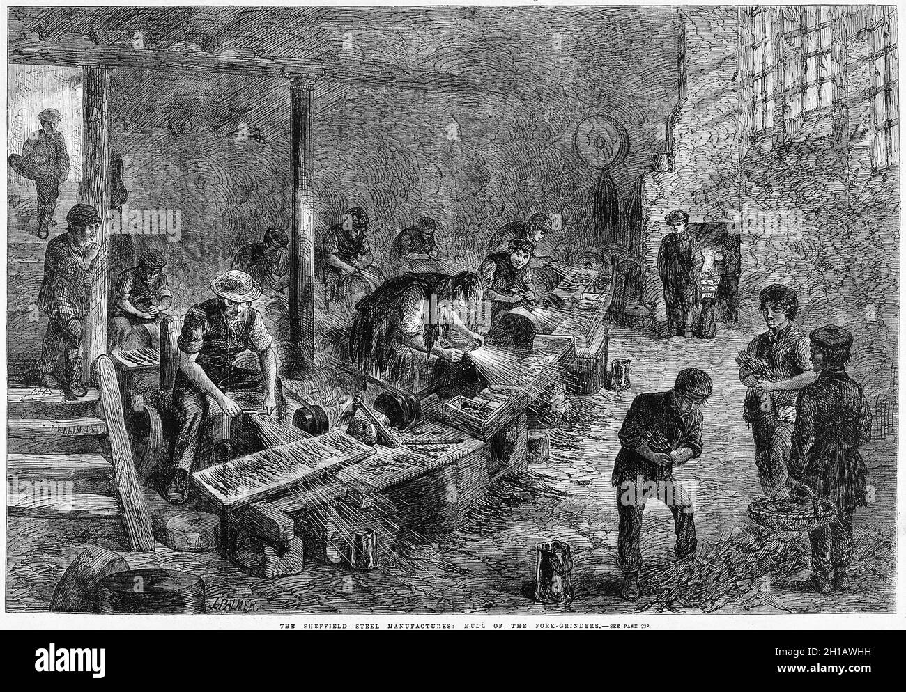 Engraving of men and boys working in a fork-grinding factory in Sheffield. Wood engraving by M. Jackson after J. Palmer, 1866. Stock Photo