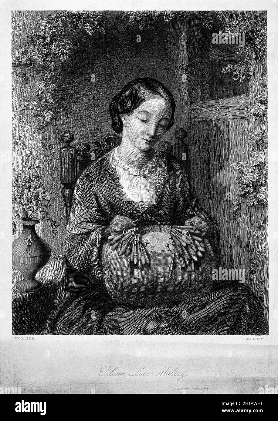 Engraving of a woman sitting on a chair making lace on a lace-pillow. Engraving by Thomas Sherratt after A.J. Woolmer. Stock Photo