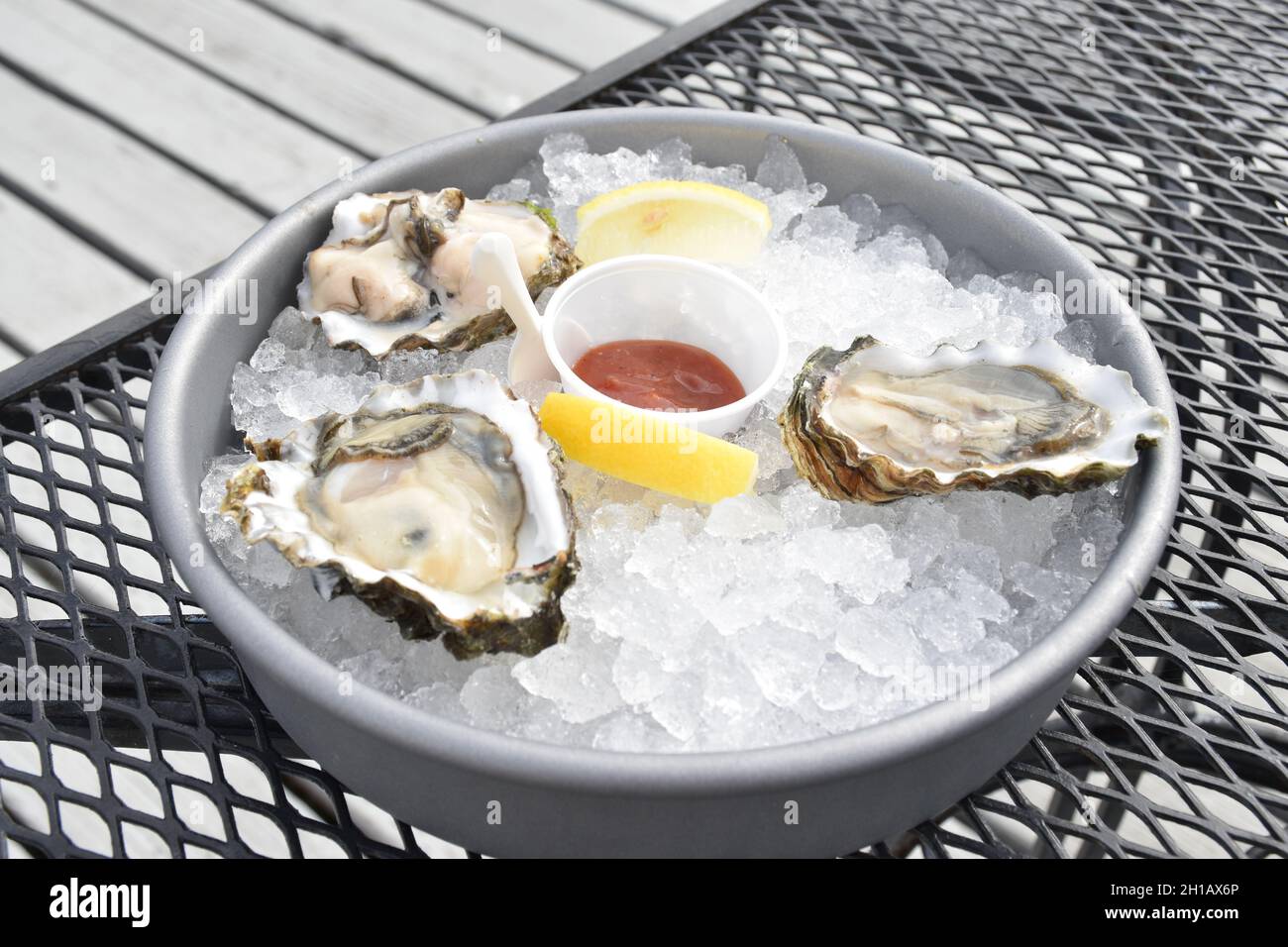 Fresh oysters on the half shell and ice on the deck of Oysterville Sea