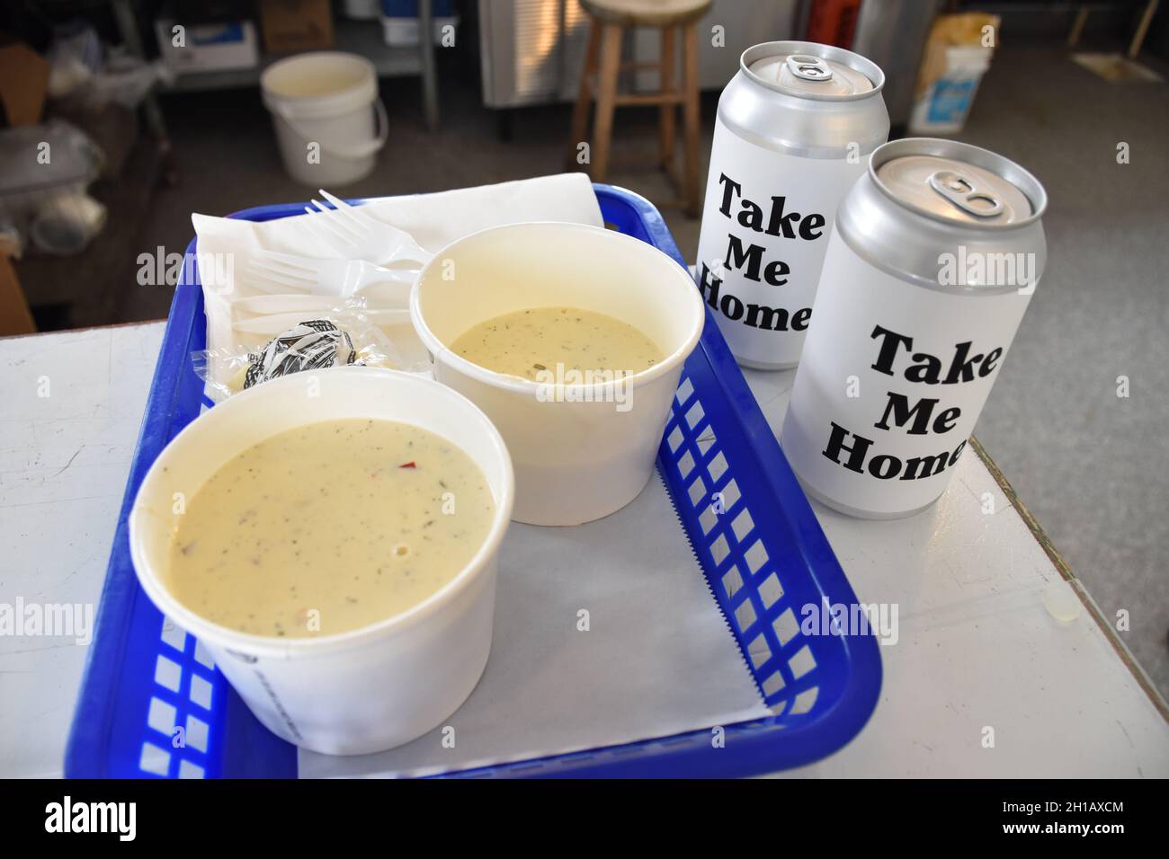 Clam chowder and white wine in cans at Oysterville Sea Farms, Willapa