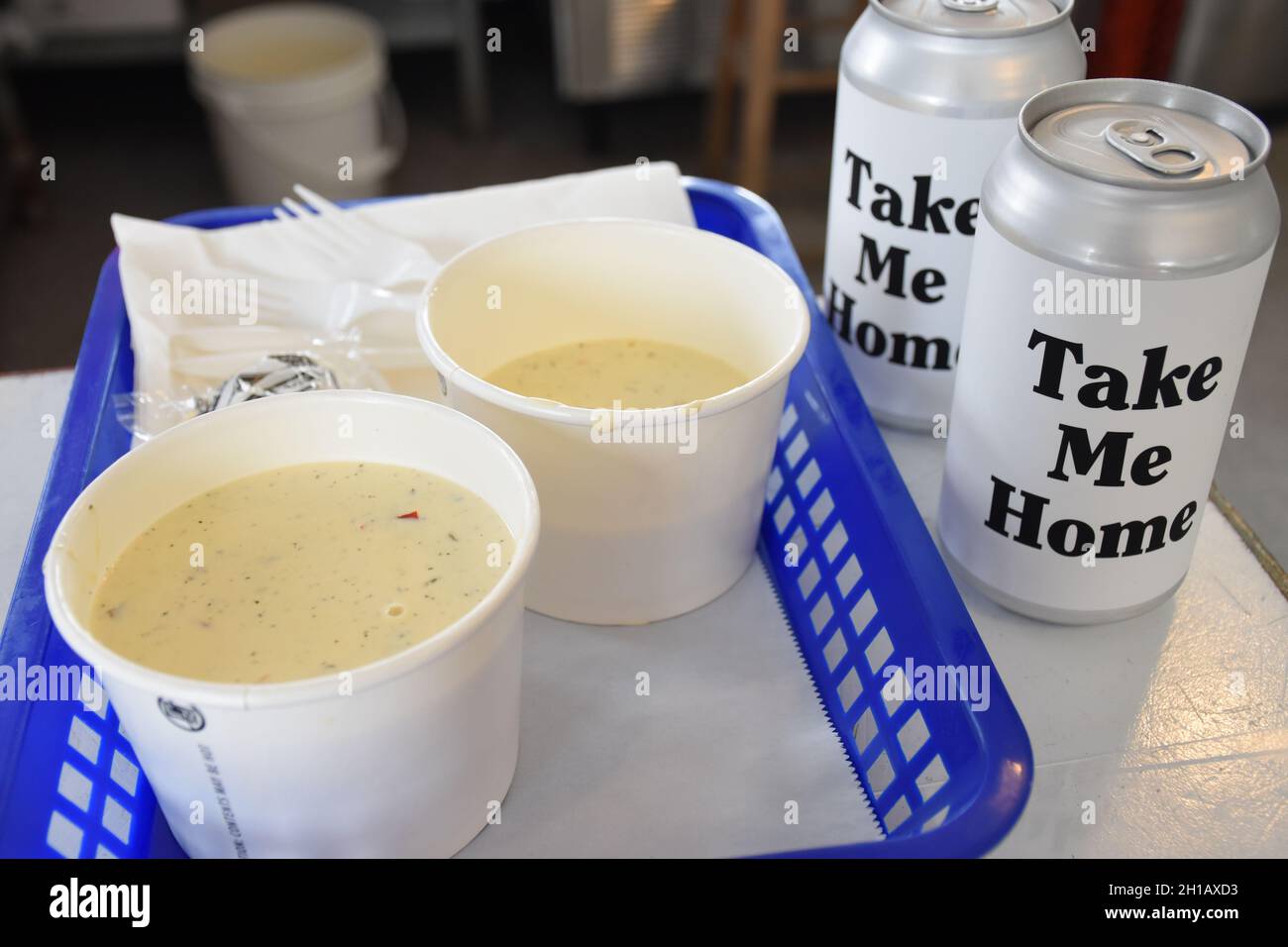 Clam chowder and white wine in cans at Oysterville Sea Farms, Willapa