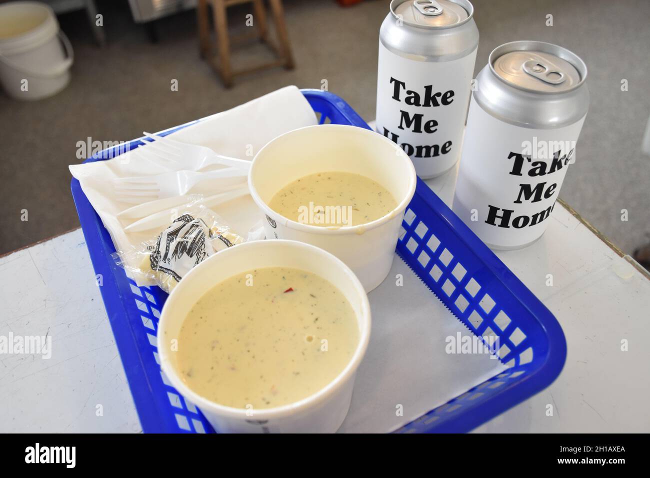 Clam chowder and white wine in cans at Oysterville Sea Farms, Long