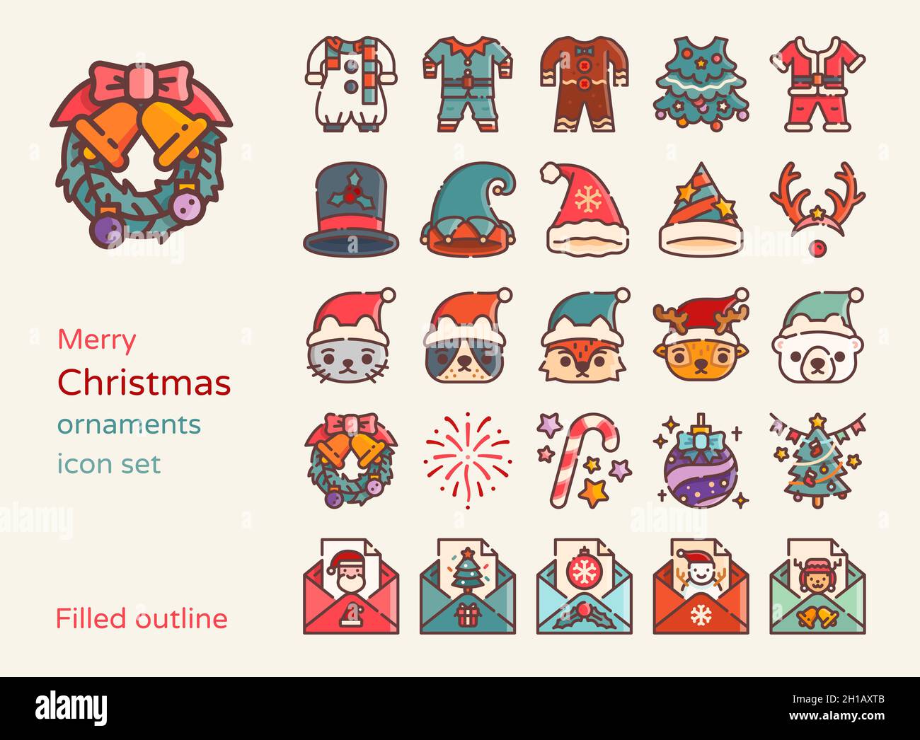 Christmas ornaments and element icon set. Filled outline detailed style Stock Vector