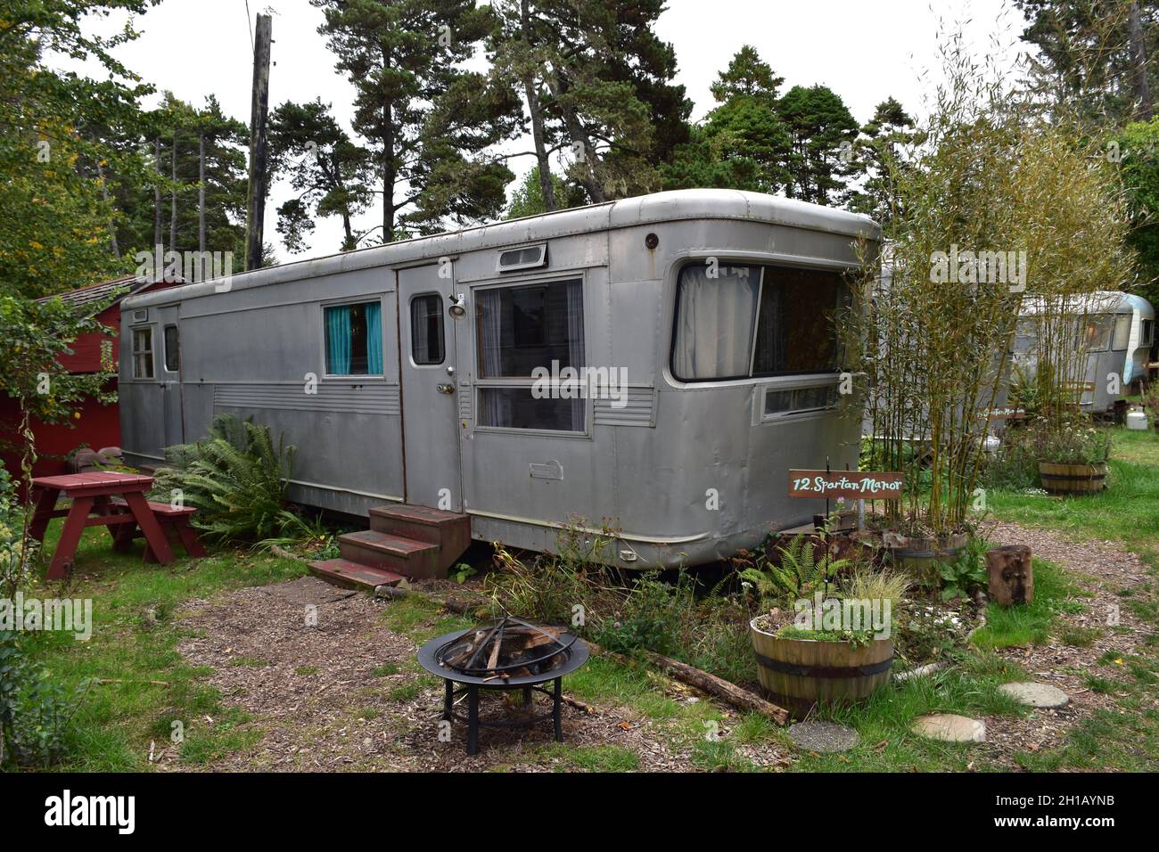 The exterior of a 1950s Spartan Manor trailer at Sou'wester Historic