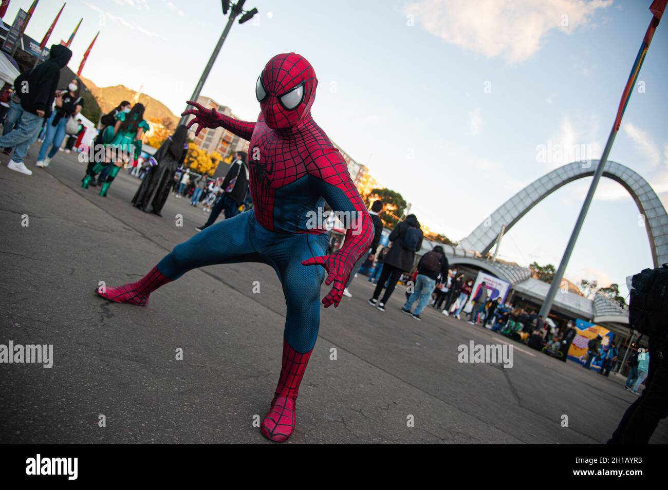 A fan of Marvel superhero Spider Man poses for a photo during the fourth day of the SOFA (Salon del Ocio y la Fantasia) 2021, a fair aimed to the geek audience in Colombia that mixes Cosplay, gaming, superhero and movie fans from across Colombia, in Bogota, Colombia on October 17, 2021. Stock Photo
