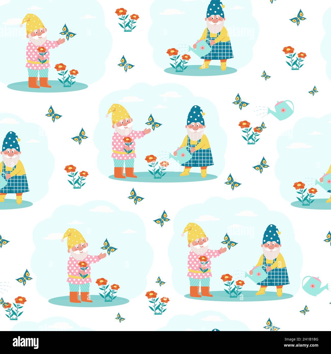Cute gnomes watering flowers seamless pattern. Vector print in flat style Stock Vector