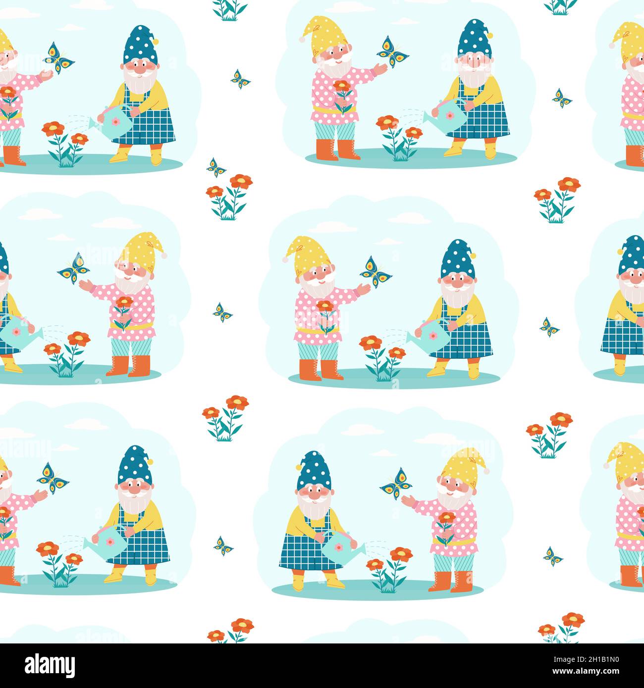 Cute gnomes watering flowers seamless pattern. Vector print in flat style Stock Vector