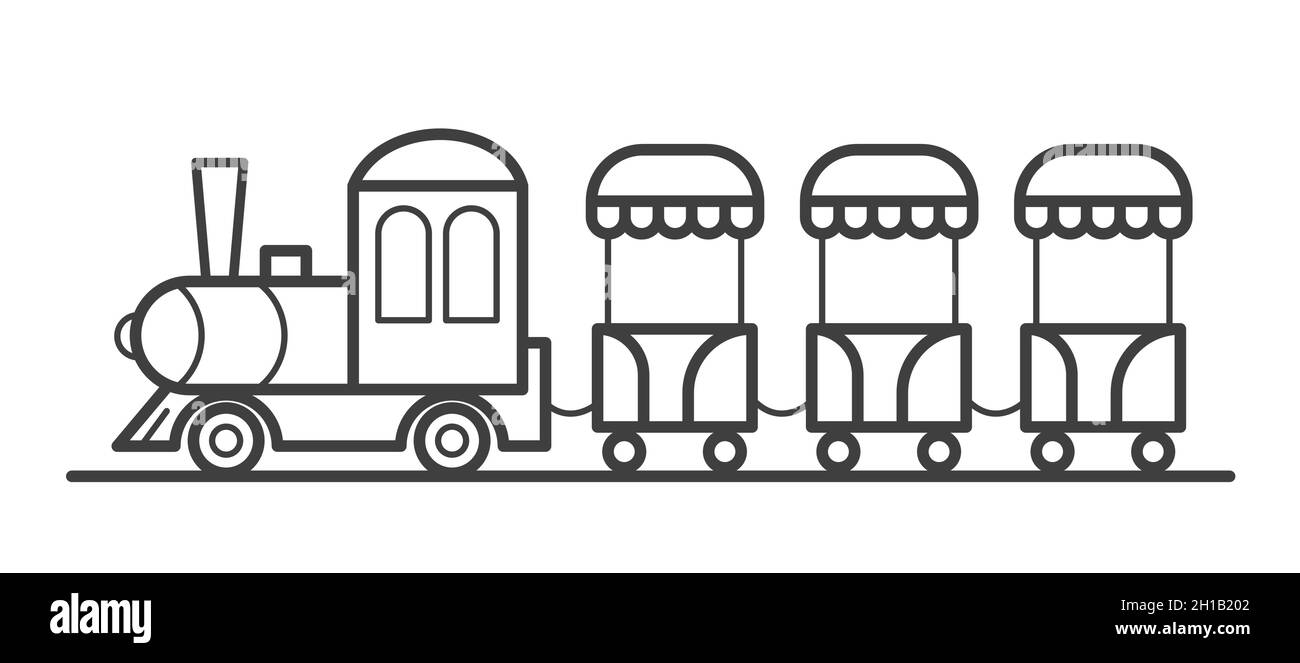 A train with carriages in an amusement park. An attraction for children. Outline vector line illustration. Icon Stock Vector