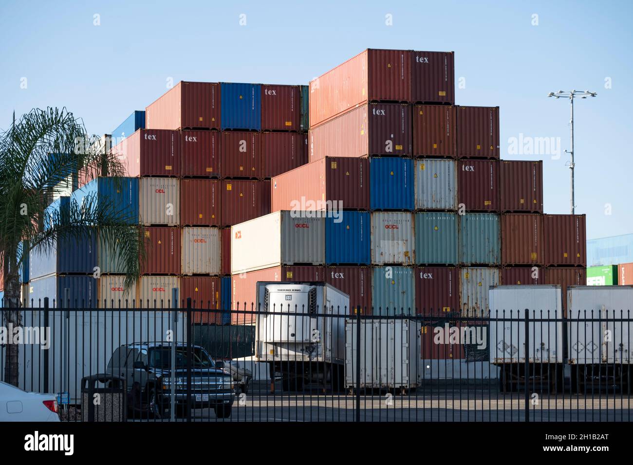 Los Angeles, CA USA July 16, 2021 Shipping containers stacked at a loading dock at the Port