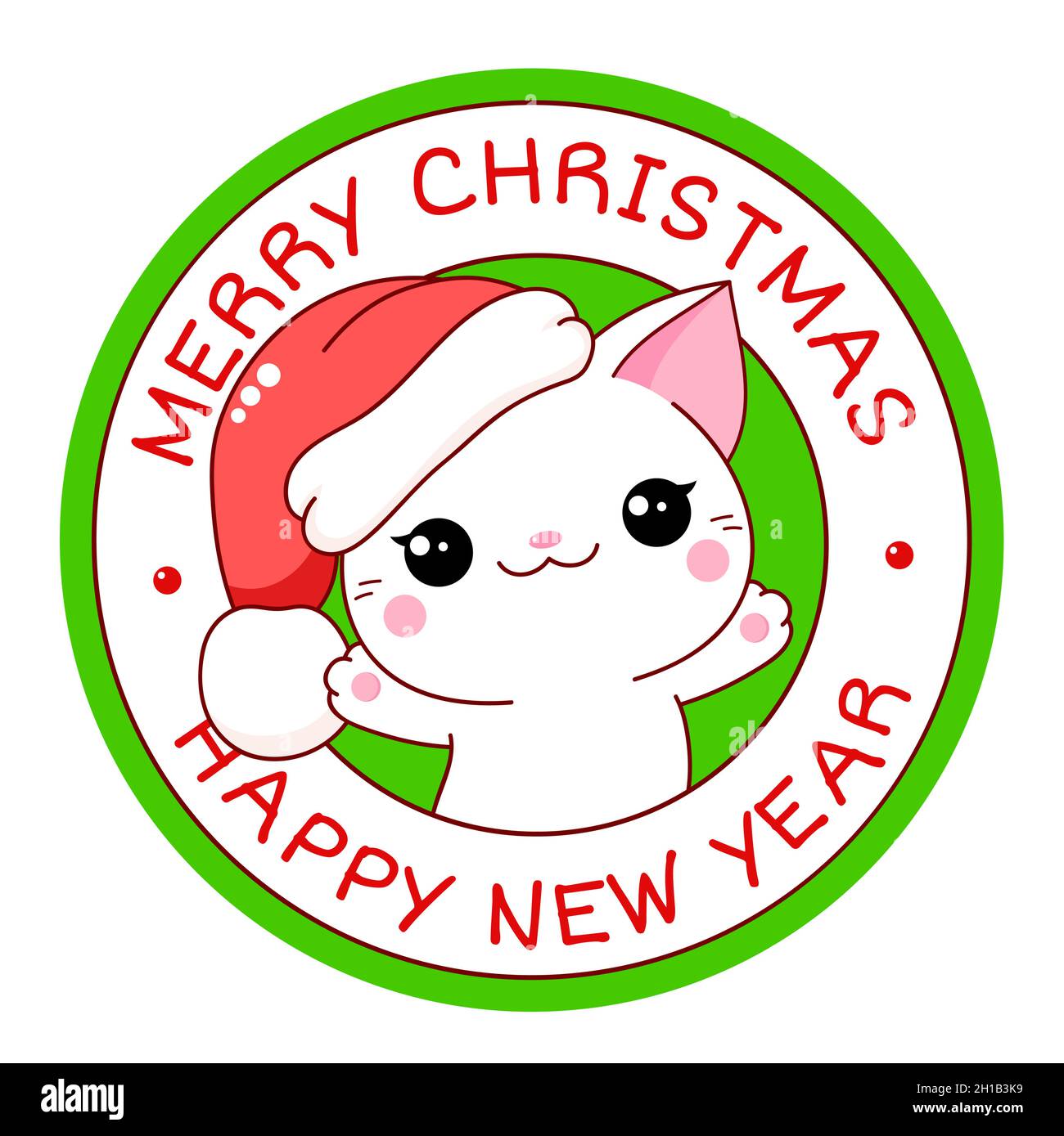 Merry Christmas round vector label. Holiday stamp, shop label, card, sticker with cute white cat in Santa's hat. Kawaii kitty inside circle. Vector il Stock Vector