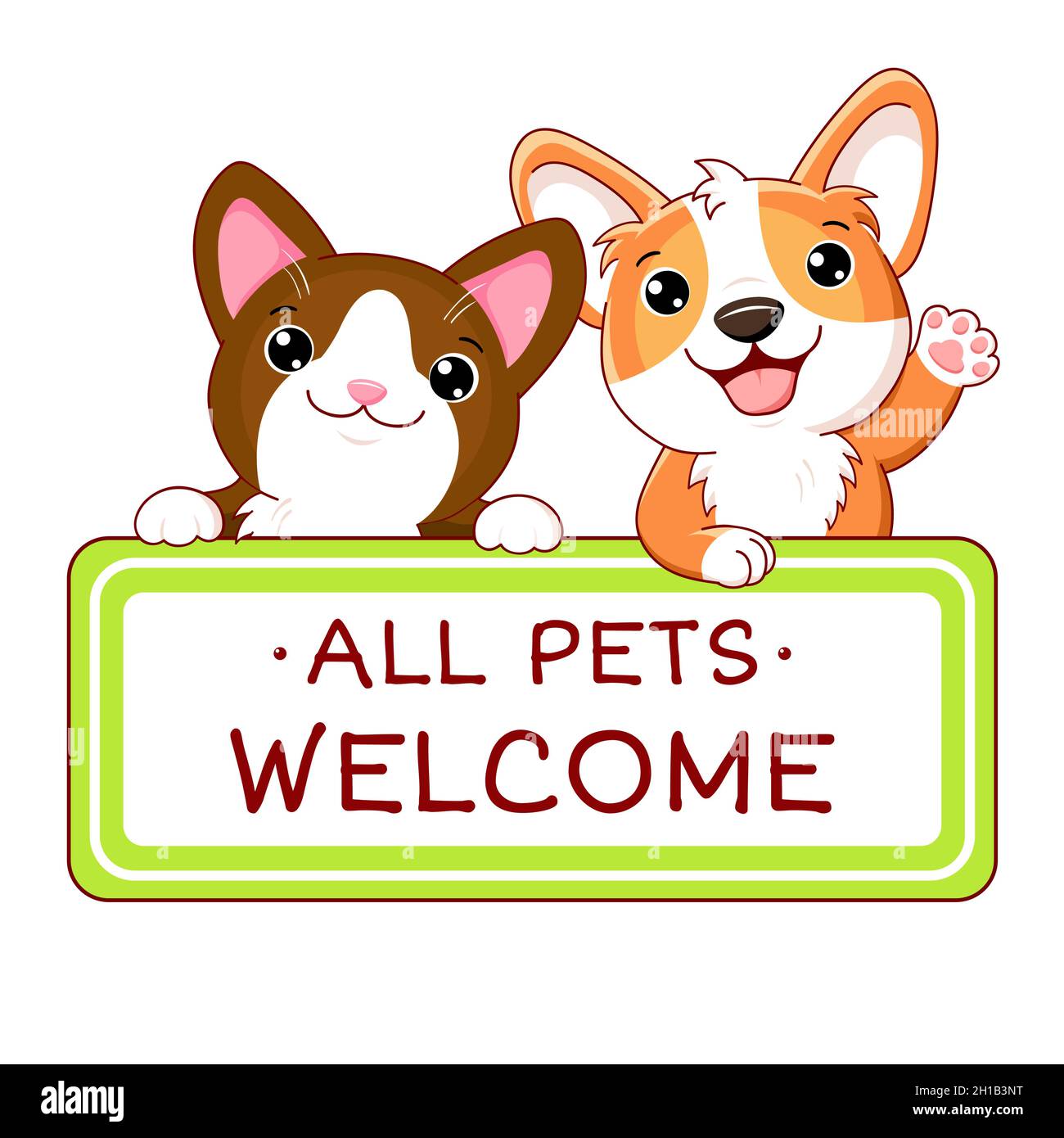 Kawaii corgi puppy and kitty with pet friendly vector label. Stamp or sticker with pet friendly text. Vet clinic, shop label, sticker. Inscription All Stock Vector
