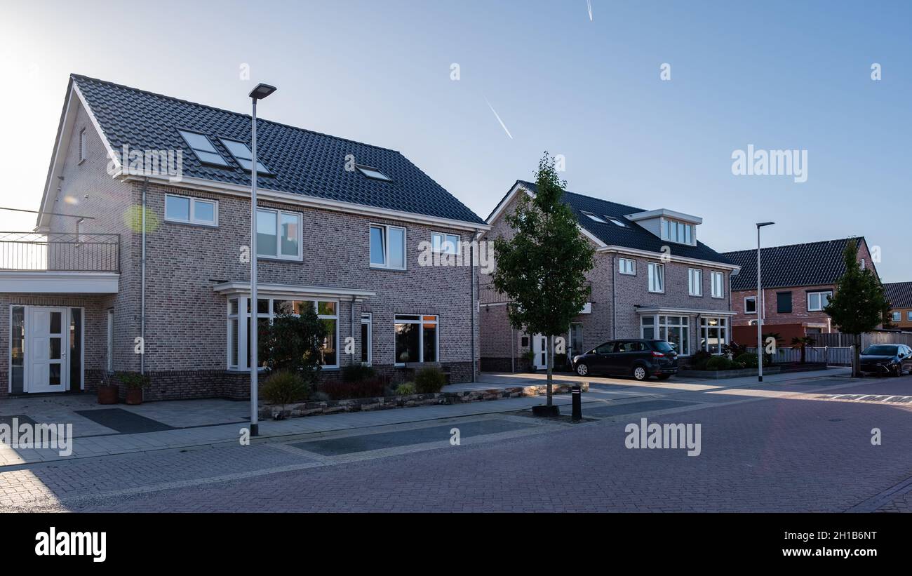 Dutch Suburban area with modern family houses, newly build modern