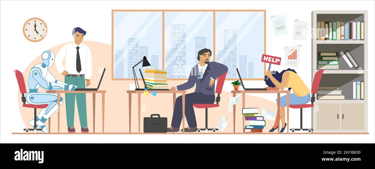 Tired employee, robot working tirelessly, vector illustration. Robots ...