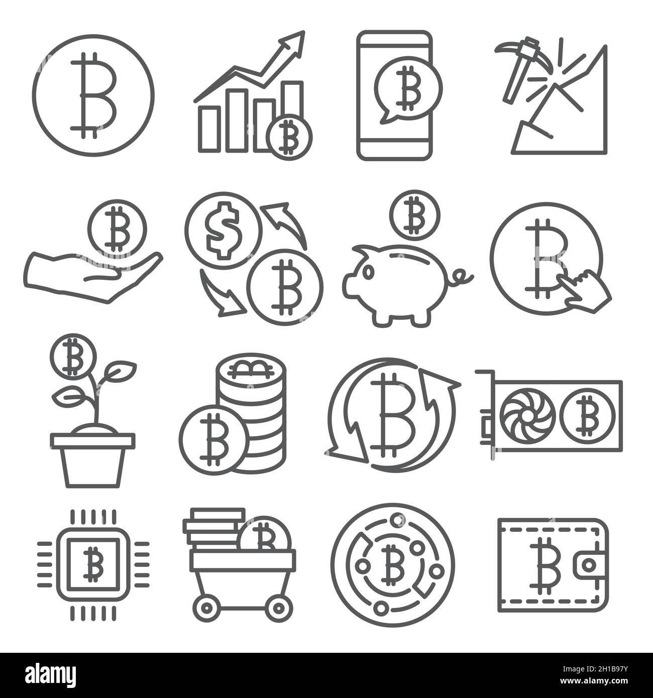 Bitcoin line icons set on white background Stock Vector