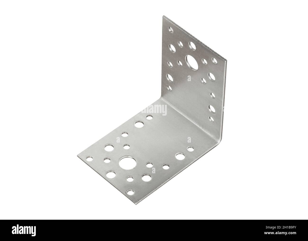 Stainless steel metal fixing angle isolated on white background. The metal corner is used in construction for the installation of various parts. Stock Photo