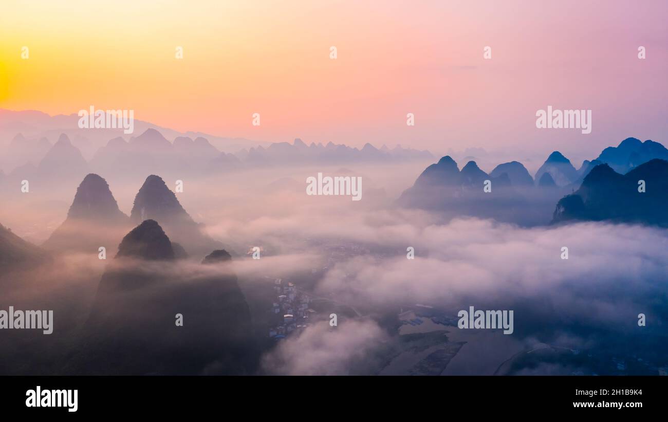 Guilin,Guangxi,China karst mountains on the Li River.Aerial view. Stock Photo