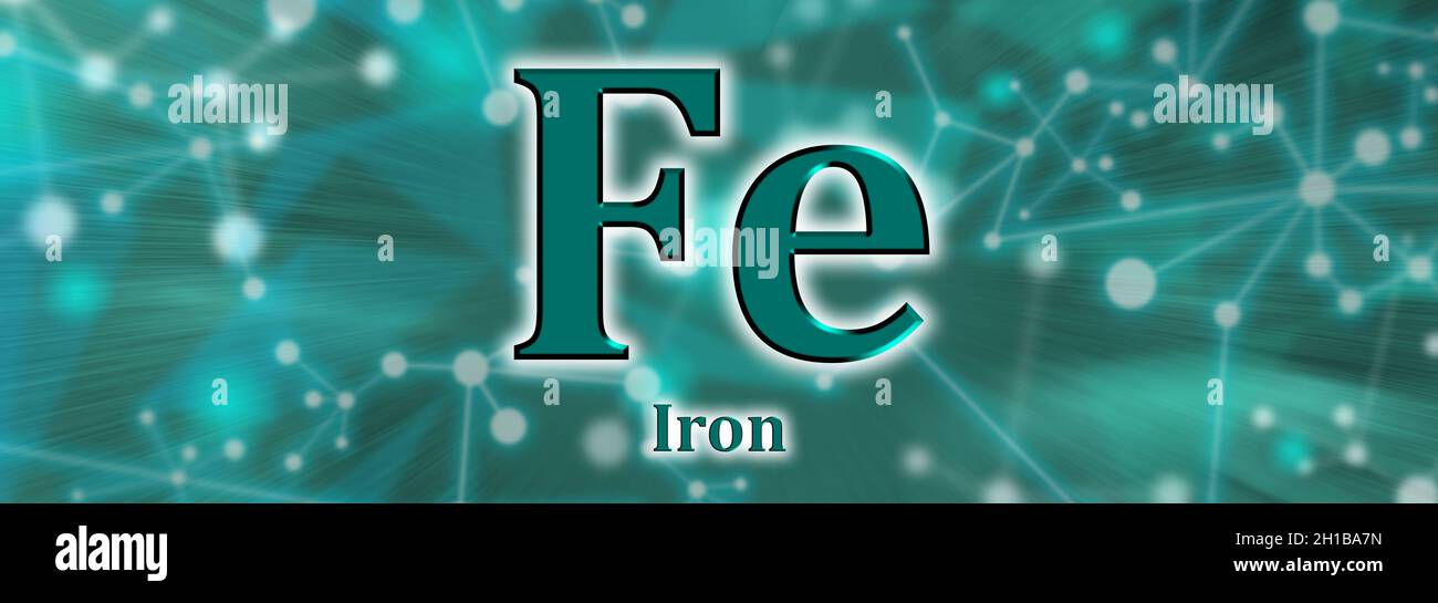 Fe symbol. Iron chemical element on green network background Stock