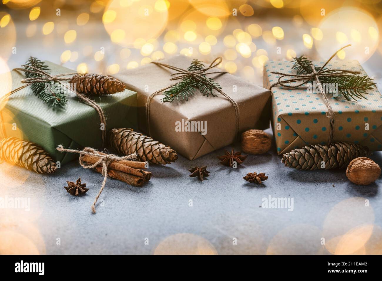 Christmas zero waste packaging gift boxes wrapped in kraft paper with ...