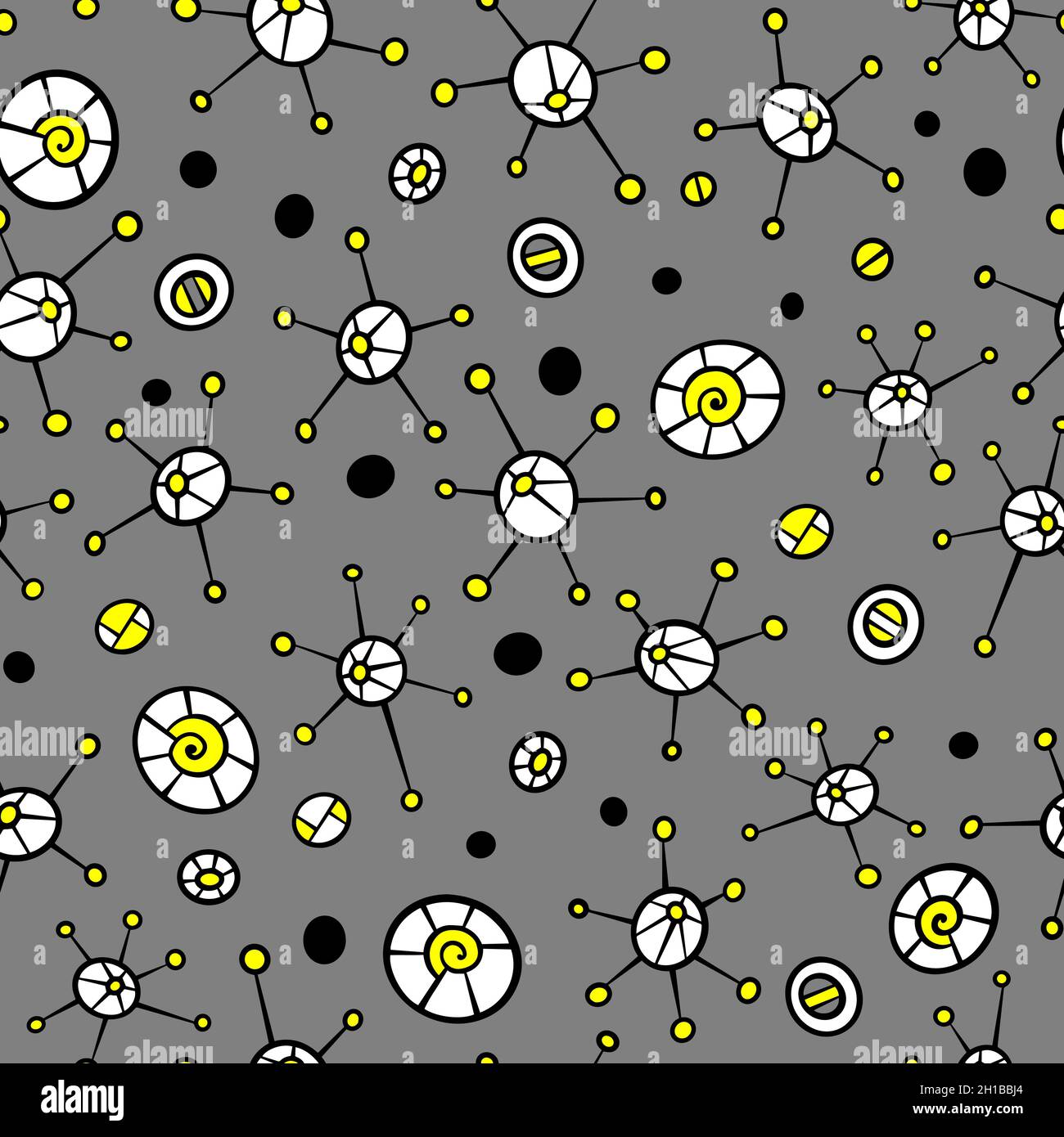 Abstract seamless pattern with hand drawn bacteria and virus. Simple objects on gray background. Vector illustration. Stock Vector