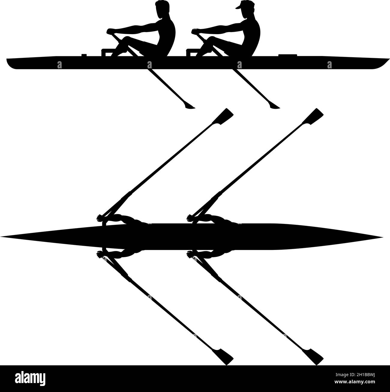 Double scull rowboat team training before competition, black silhouette Stock Vector