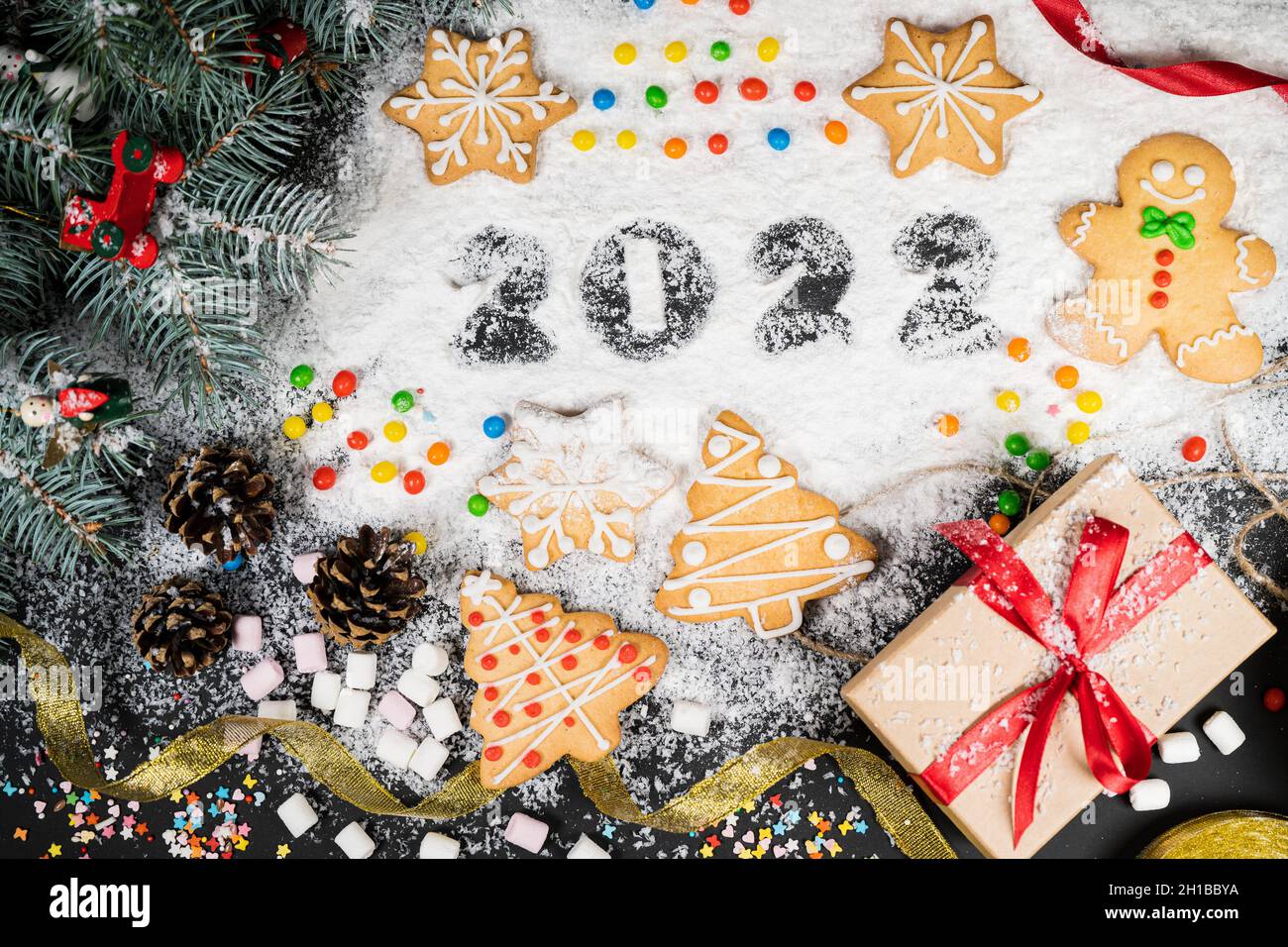 New Years 22 Holidays Composition On Snow Background Stock Photo Alamy
