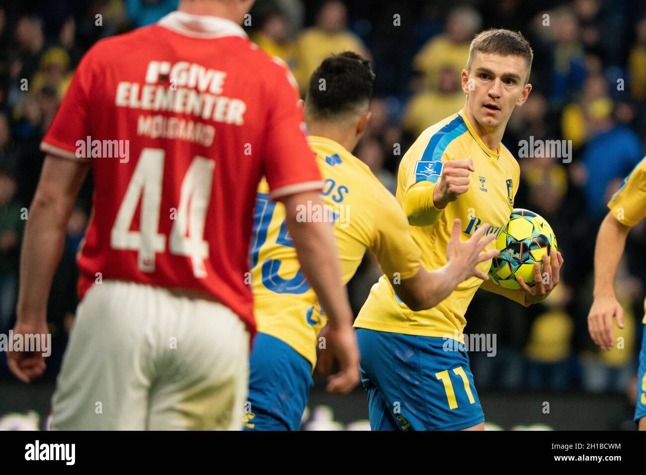 Brondby, Denmark. , . Mikael Uhre (11) of Broendby IF scores for 2-2 and celebrates with assist maker Blas Riveros (15) during the 3F Superliga match between Broendby IF and Vejle Boldklub at Brondby Stadion. (Photo Credit: Gonzales Photo/Alamy Live News Stock Photo