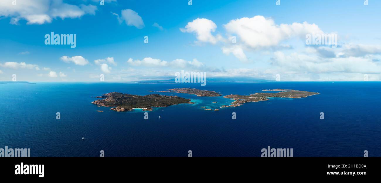 View from above, aerial shot, panoramic view of La Maddalena archipelago with Budelli, Razzoli and Santa Maia islands bathed by a turquoise water. Stock Photo