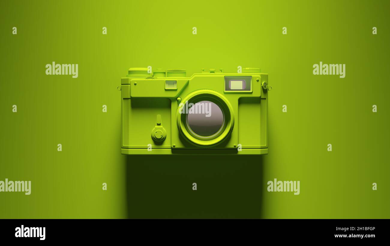 Green Photography Camera Equipment Vintage Design Retro Technology with Vibrant Bright Chevron Background 3d illustration render Stock Photo