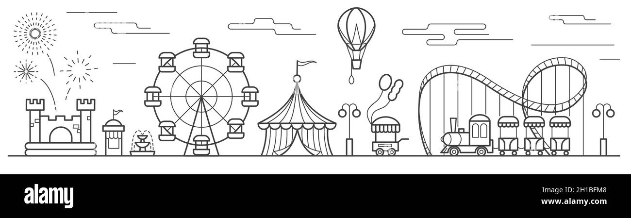 Panorama of an amusement park with a ferris wheel, circus, rides, balloon, bouncy castle. Landscape of urban park. Outline vector illustration Stock Vector
