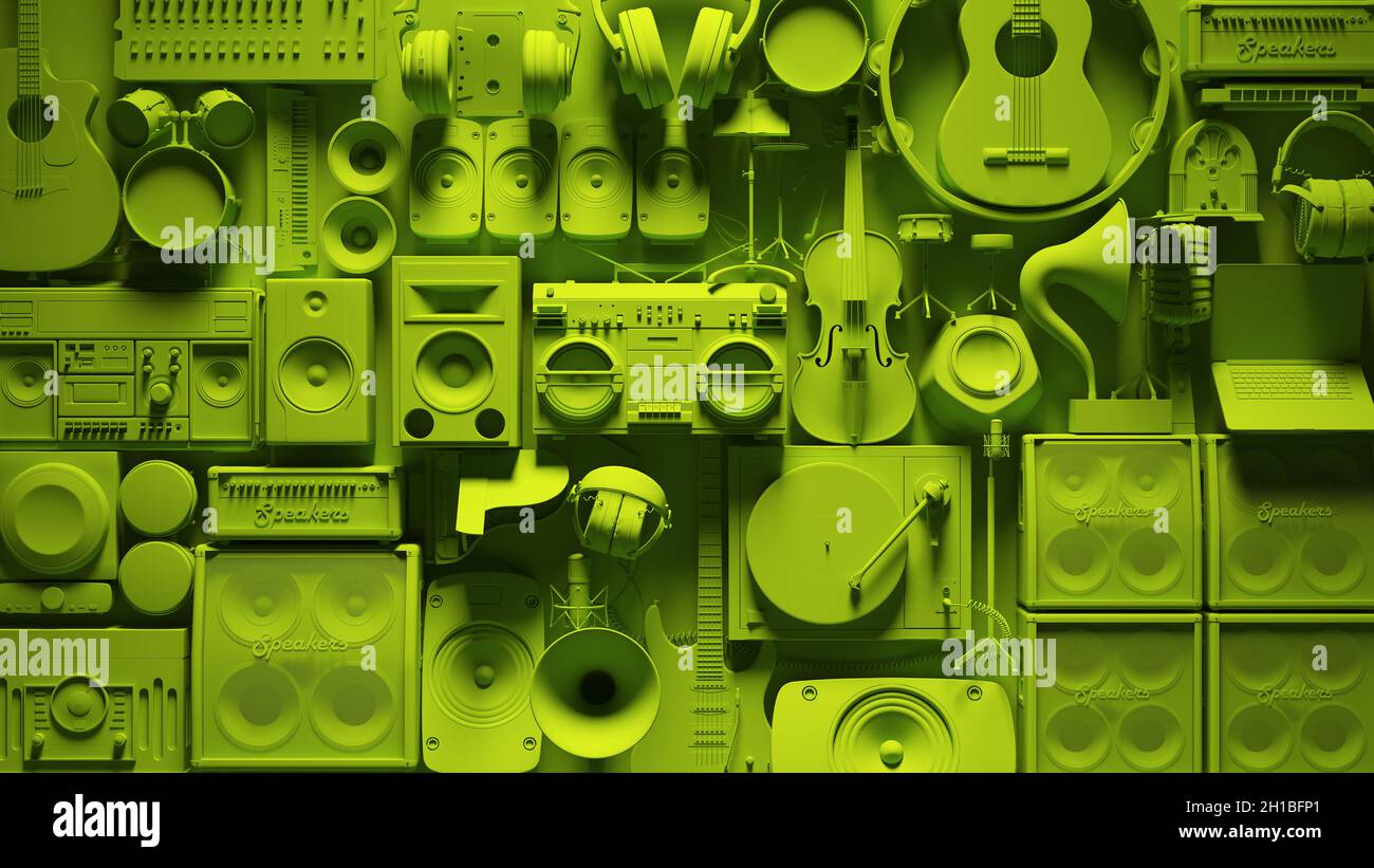 Green Musical Instrument Wall Vibrant Music Equipment 3d illustration render Stock Photo