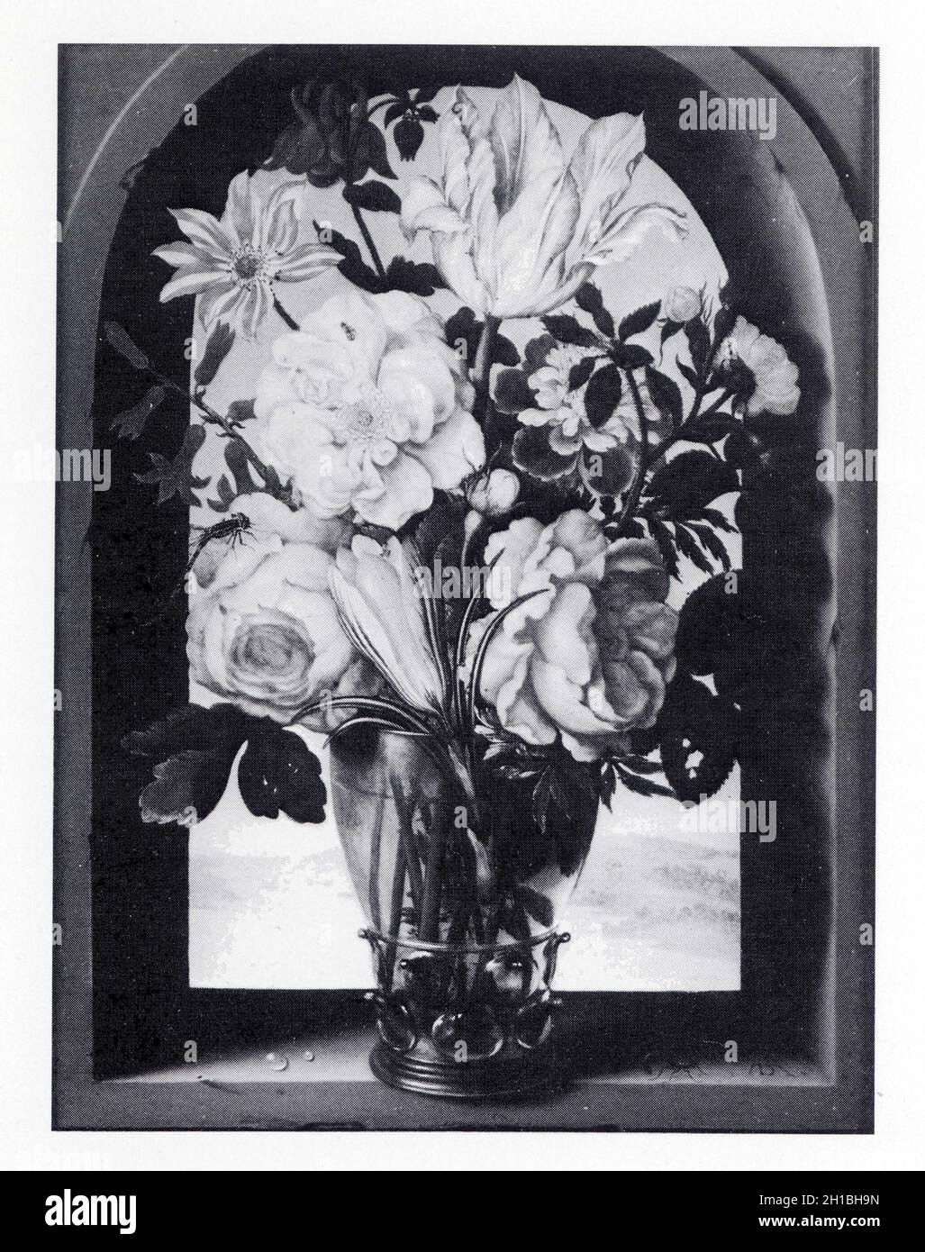 Ambrosius Bosschaert, Le Vieux. 1573-1621. Bouquet de fleurs dans une arcature de pierre s'ouvrant sur un paysage. Stock Photo