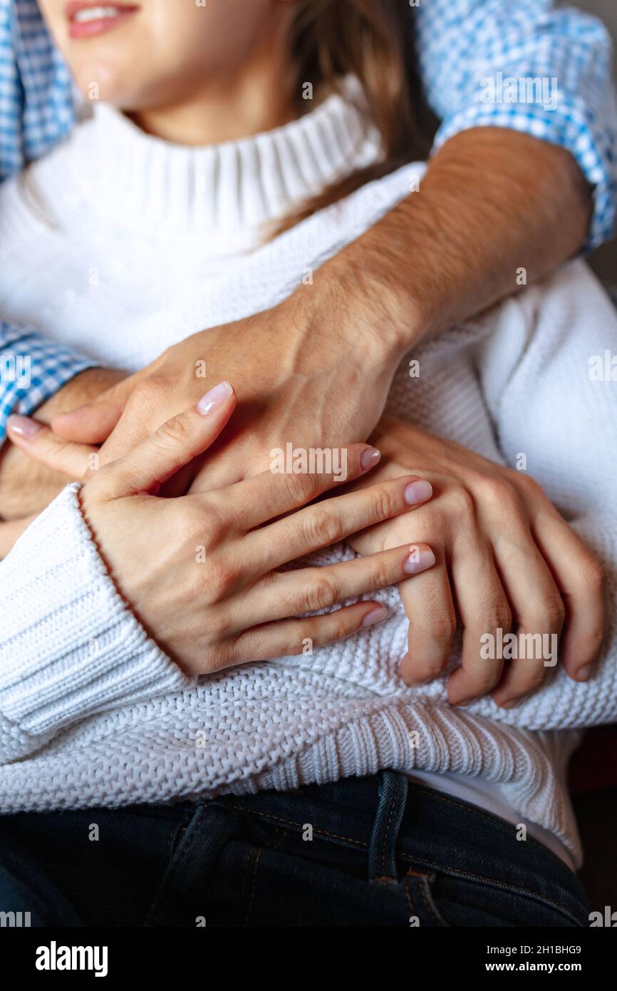 Close-up male and female hands. Middle aged married couple old each other's  hands. Concept of family, relationship Stock Photo - Alamy