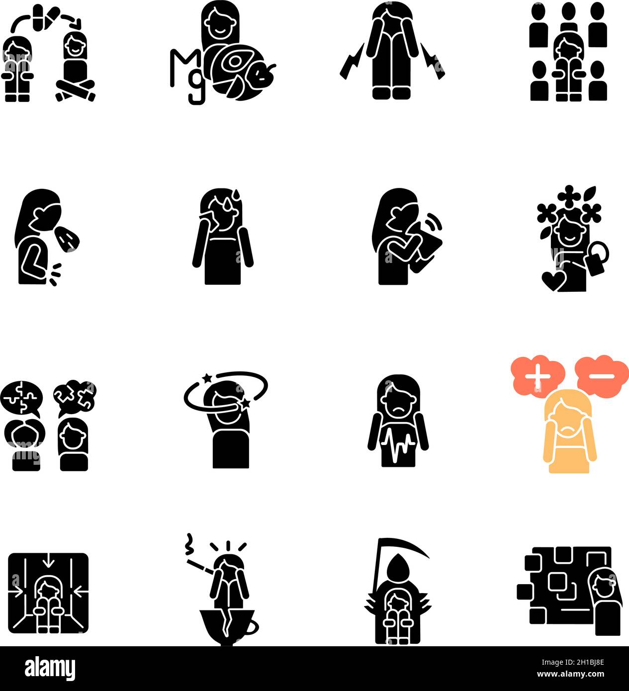 Panic disorder black glyph icons set on white space Stock Vector