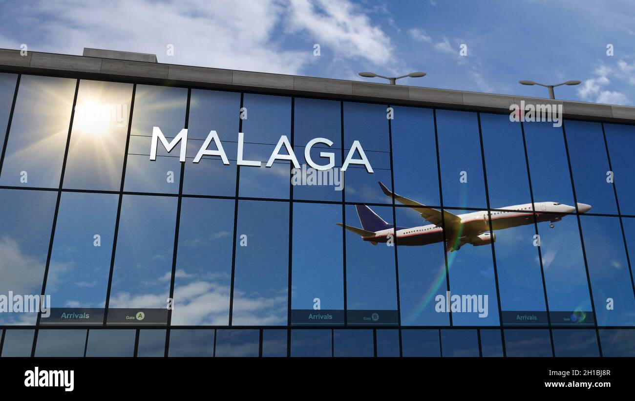 Aircraft landing at Malaga, Spain 3D rendering illustration. Arrival in the city with the glass