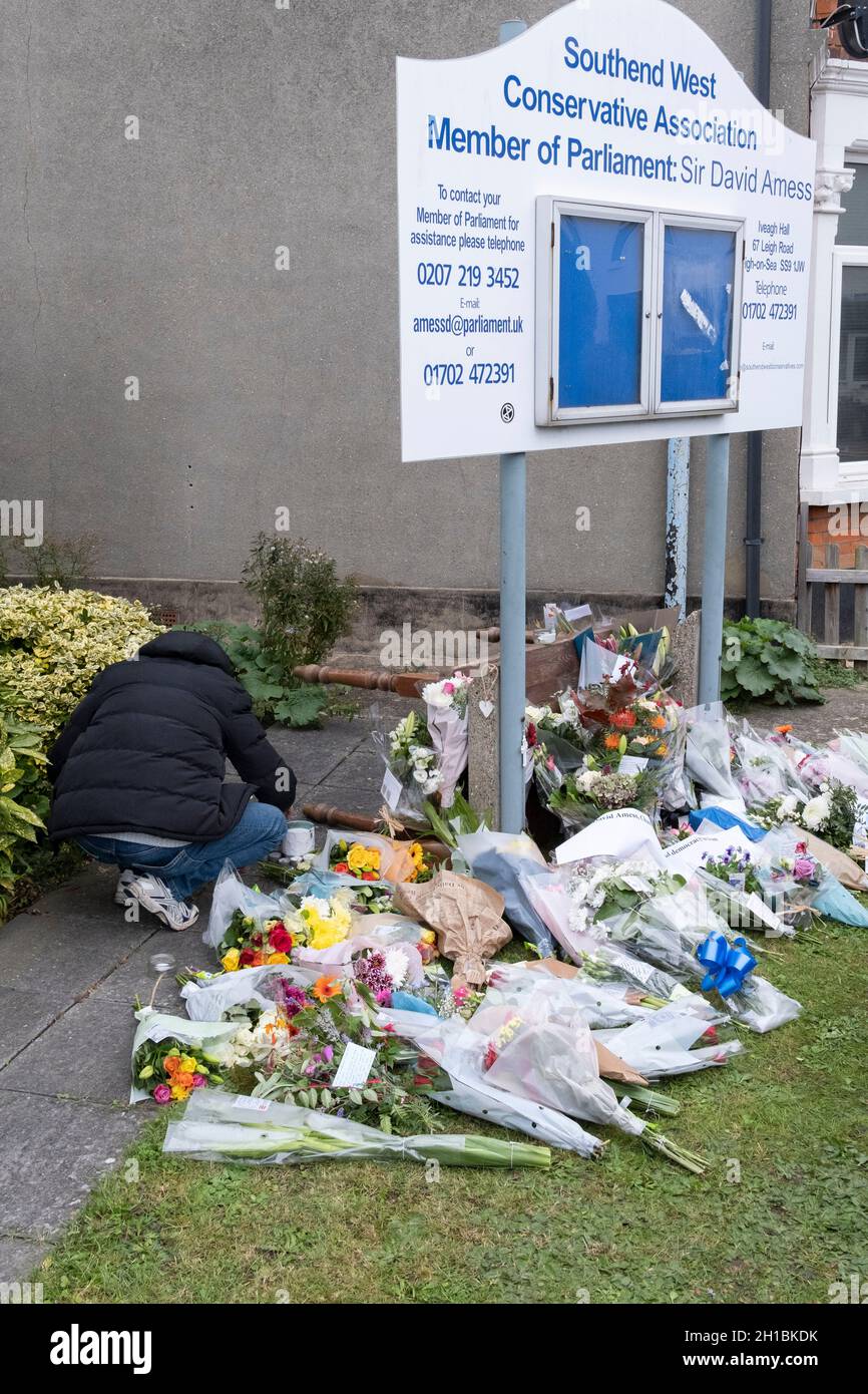 Two days after the killing of the Conservative member of parliament for Southend West, Sir David Amess MP, his Southend West Conservative Association constituency office on Leigh Road is a short distance from the scene of his murder at Belfairs Methodist Church in Leigh-on-Sea, on 17th October 2021, in Leigh-on-Sea, Southend , Essex, England. Amess was conducting his weekly constituency surgery when attacked with a knife by Ali Harbi Ali. Stock Photo