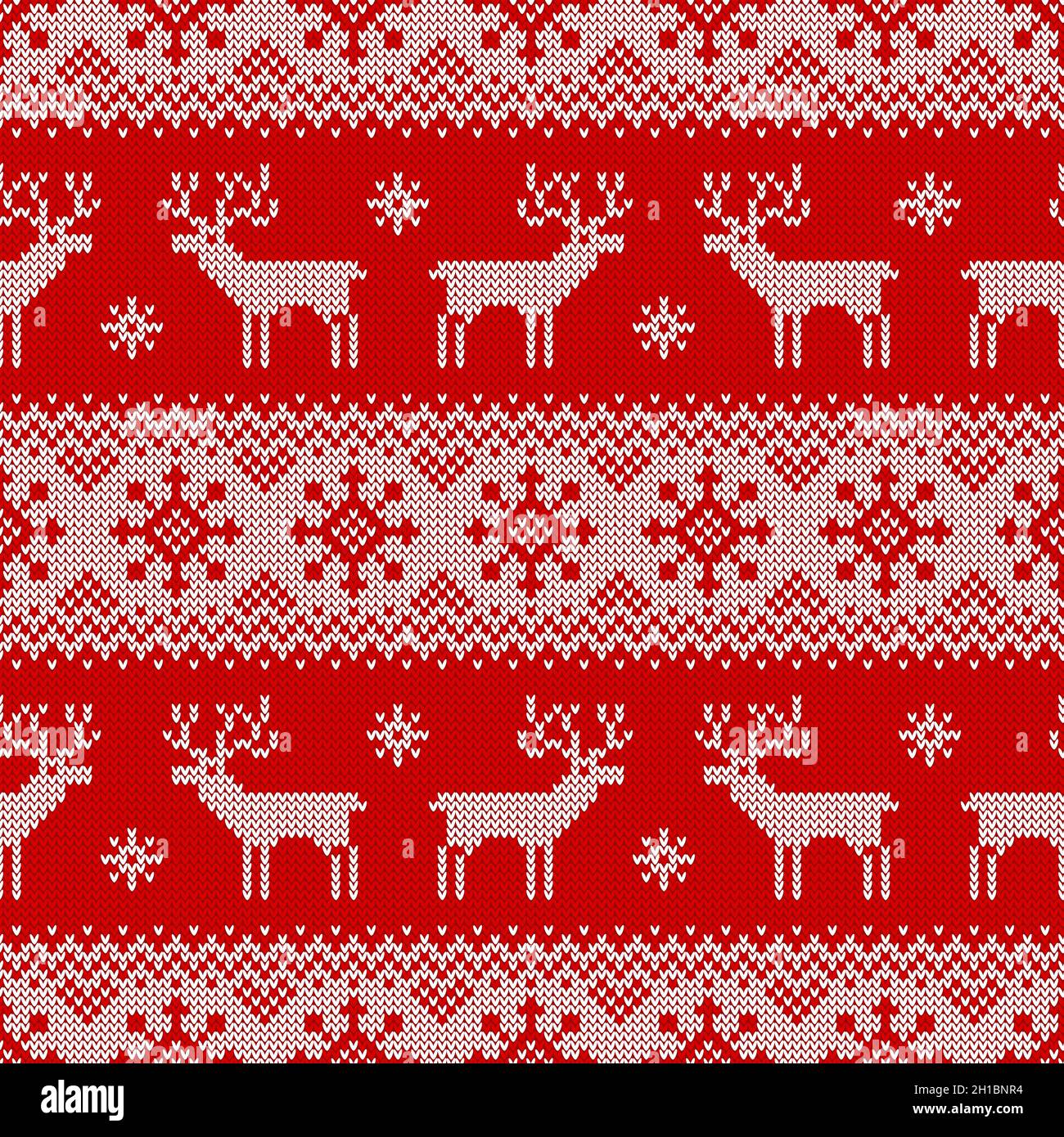 Knitted seamless pattern with deers, snowflakes, and scandinavian ornament. Red and white sweater background for Christmas, New Year or winter design. Stock Vector
