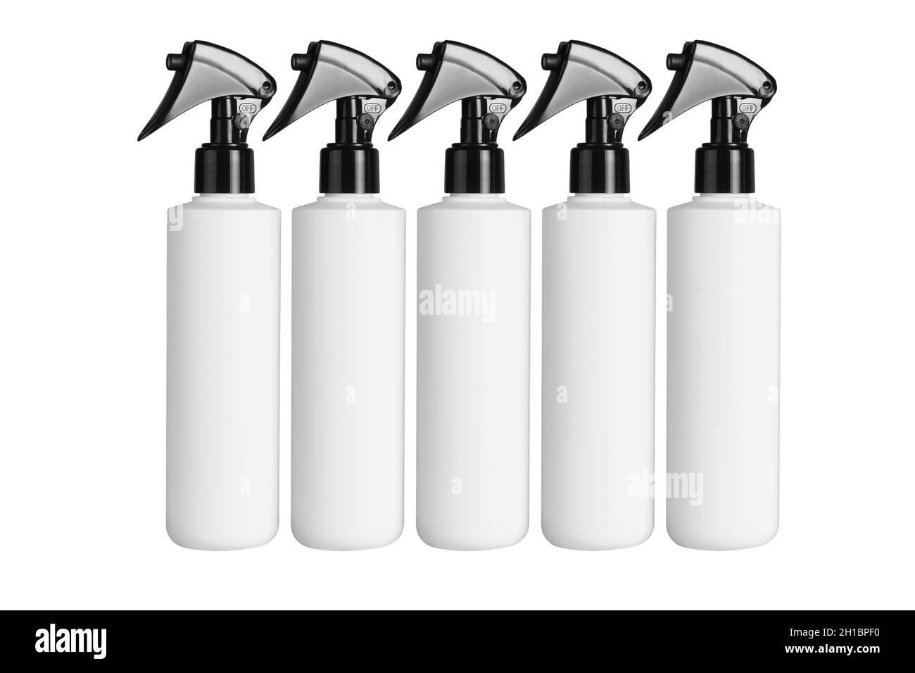 Row of Plastic Spray Bottles on White Background Stock Photo - Alamy