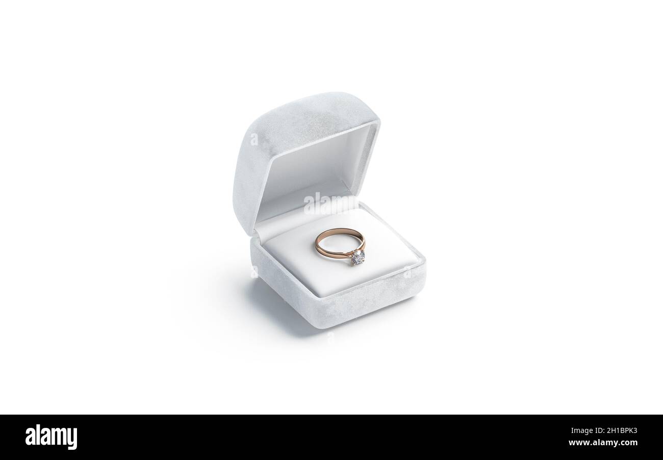 Blank white box with gold diamond ring lying mockup, isolated Stock Photo