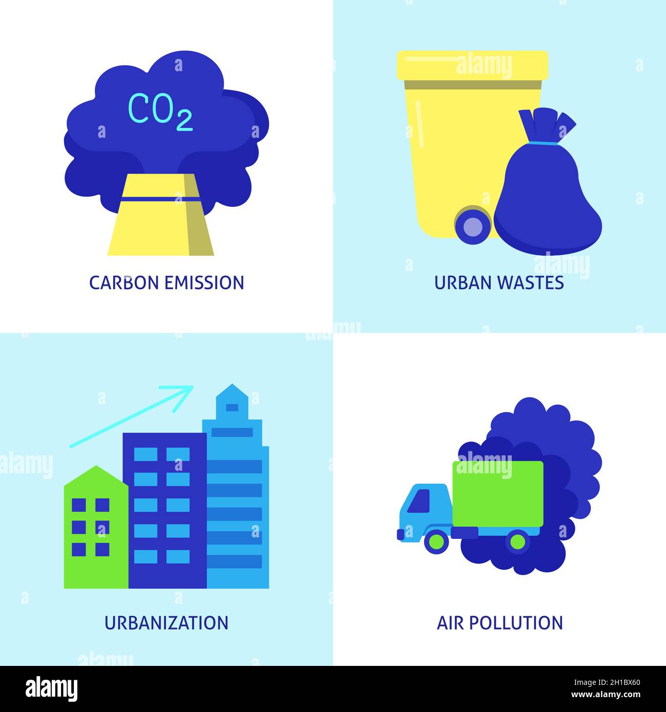 Flat icon set causes of climate change. Carbon emissions, air