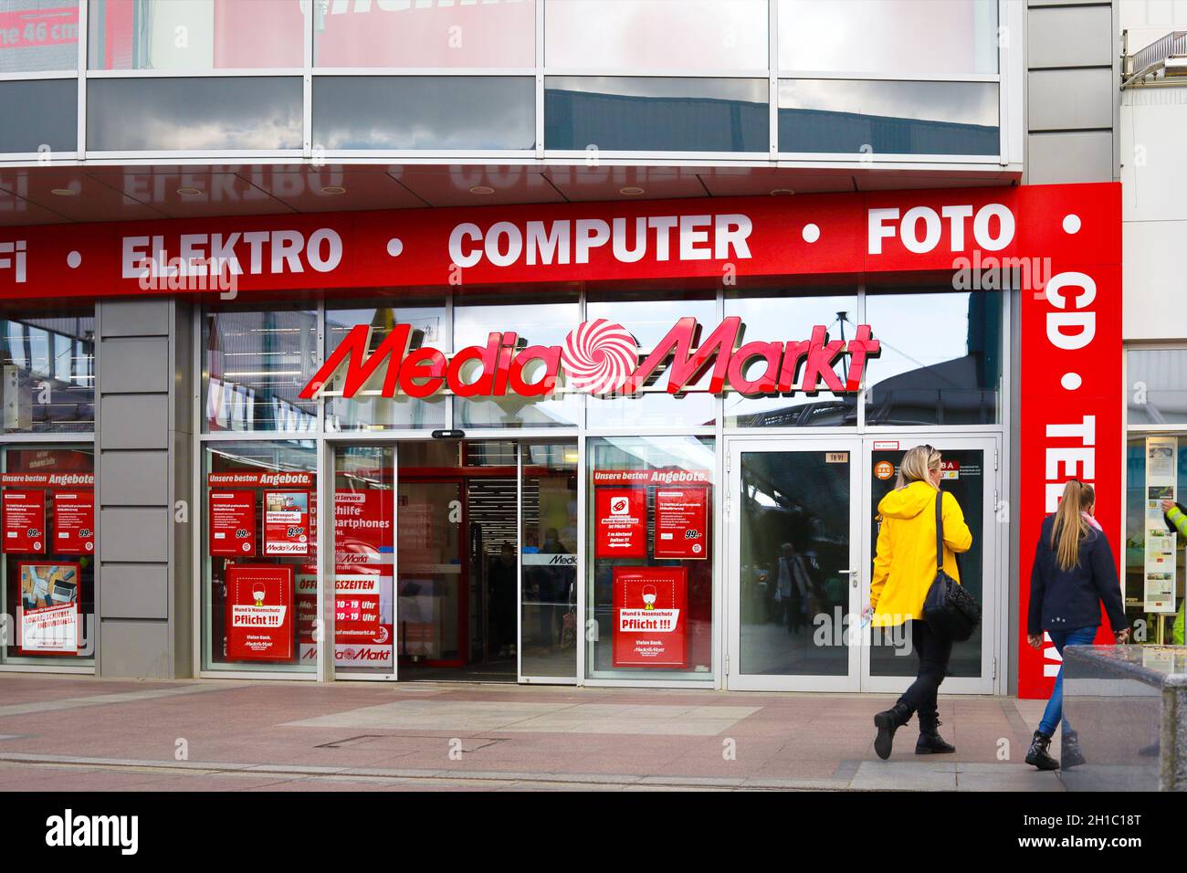 Entry of a Media Markt store. Electronics shop. Media Markt is a German multinational chain of stores selling consumer electronics. Stock Photo