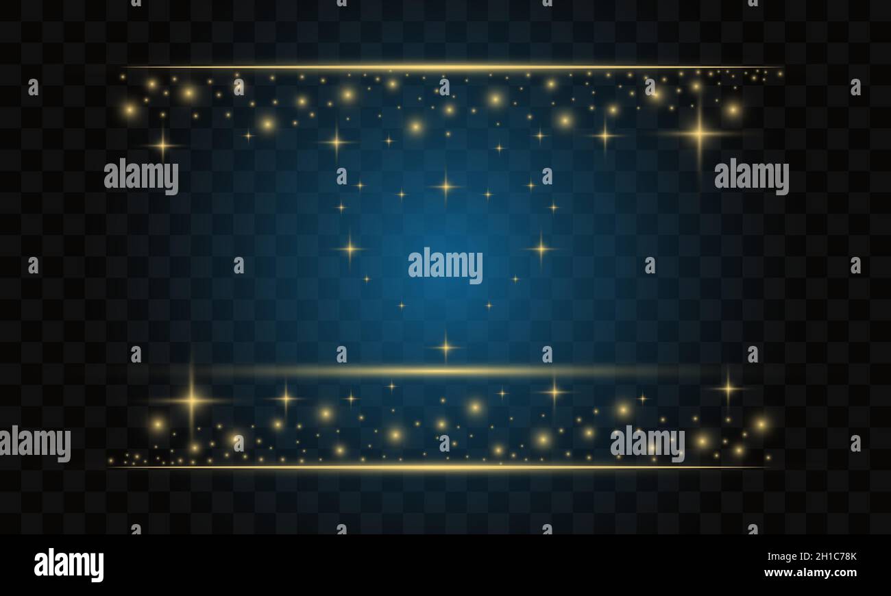 Golden frame shining rectangle light effect vector banner template. isolated on black transparent background. Stock Vector